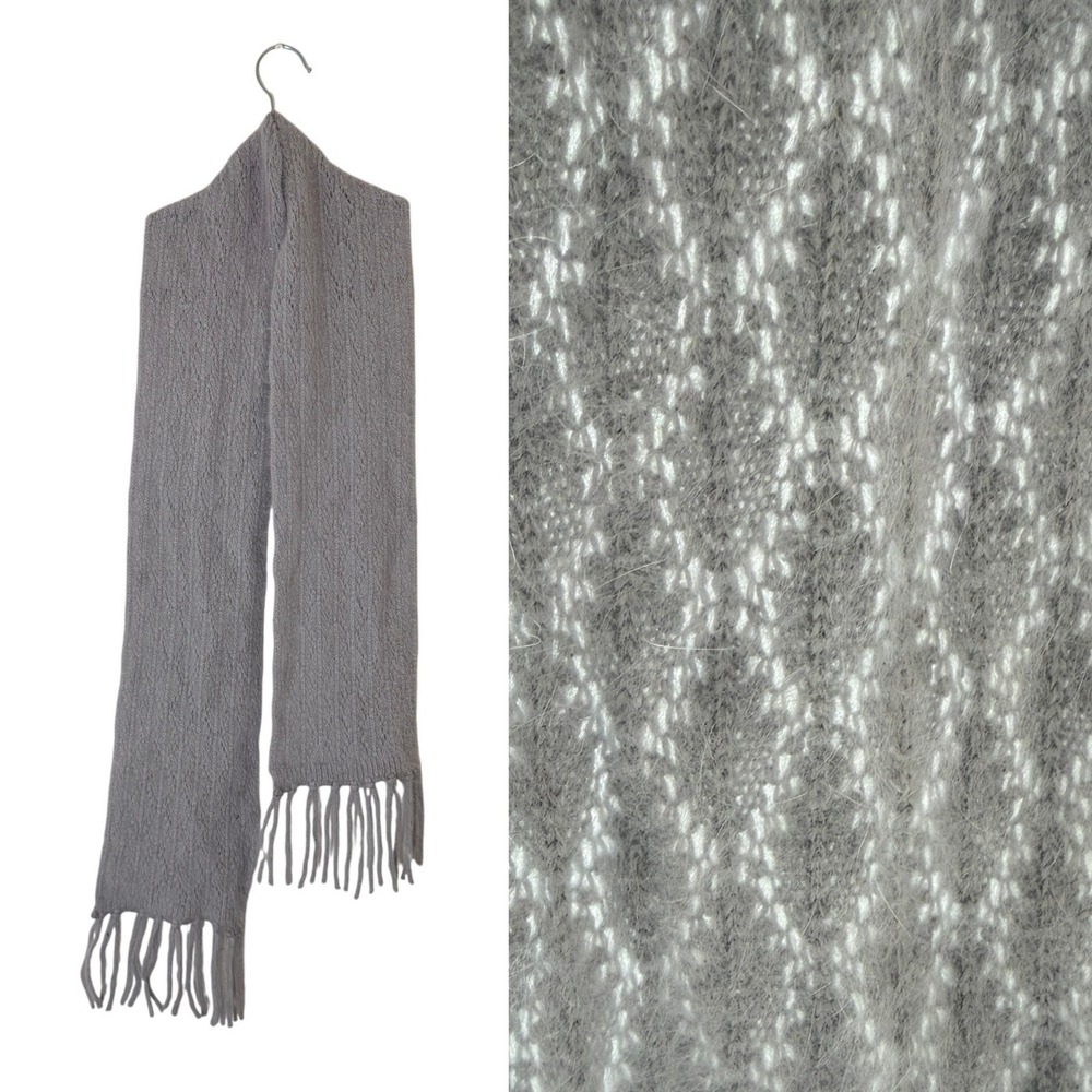 Angora Rabbit Hair Crochet Blend Fuzzy Knit Scarf Soft Silver Fringed‎ 6 x 58